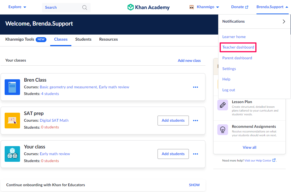 Khan Academy Teacher Dashboard